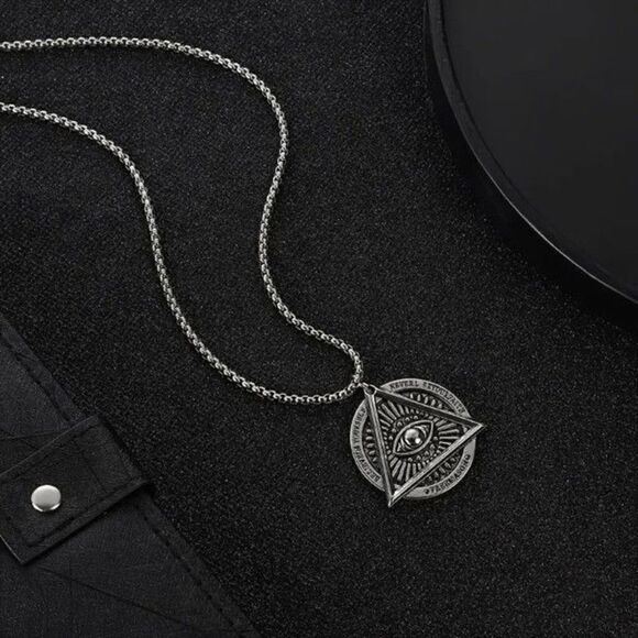 Stainless Steel Masonic Illuminati All Seeing Evil Eye Pendant Chain Necklace - Picture 6 of 9